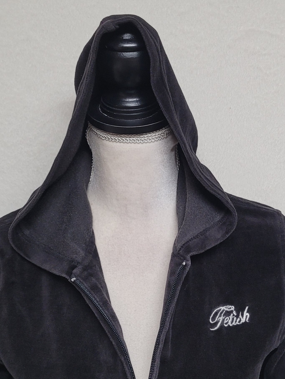 Rare 90s Vintage Fetish By Eve Spell Out Black Velvet Fitted Zip-Up Hoodie S - Picture 3 of 13